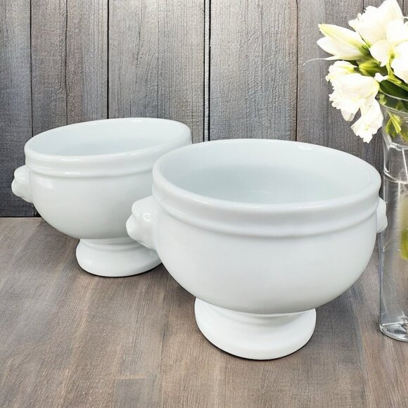 Bodum Lion Head Handles White Ceramic Soup Bowl Dish Bowls Dishes Swiss Set 2 - Picture 1 of 16